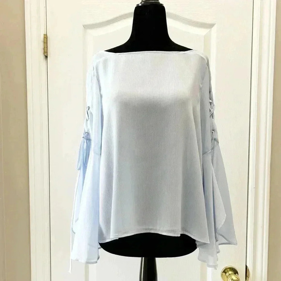 Topshop Eyelet Lace Up Fluted Sleeves Sheer Blouse Top Light Blue Size Small - Picture 16 of 16